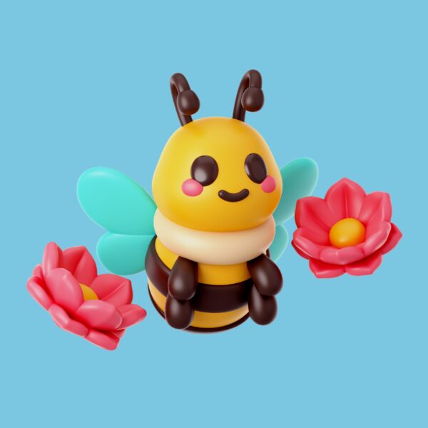 A smiling bee with two roses
