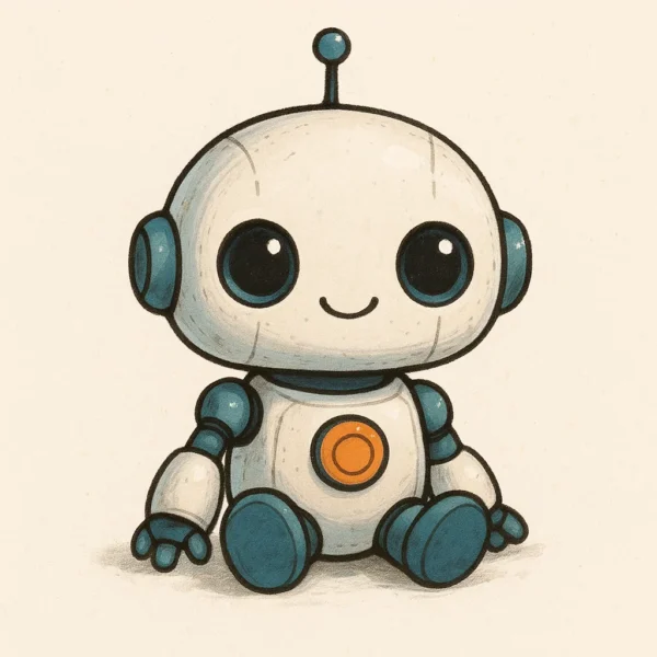 A small cute robot sitting on the ground