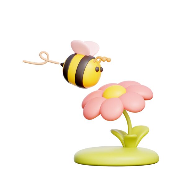 A 3D bee floating towards a flower