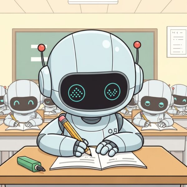A robot working hard on his literacy in a classroom