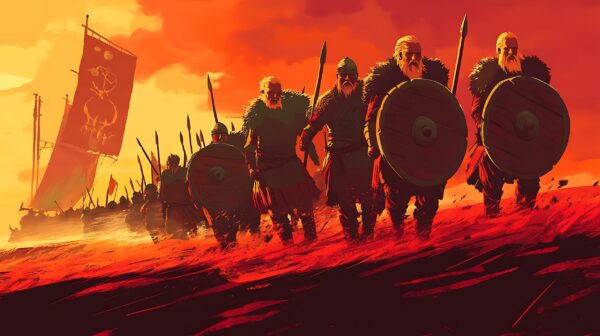 Powerful Vikings at sunset