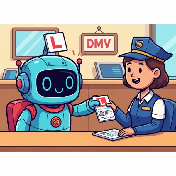 A robot applying for his learners licence at the DMV