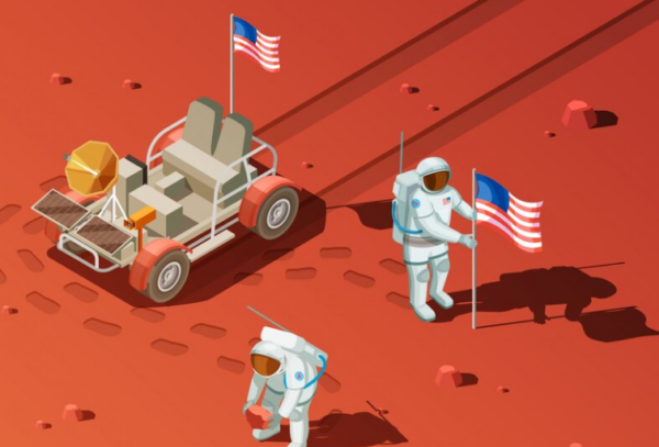 Mars rover and two astronauts