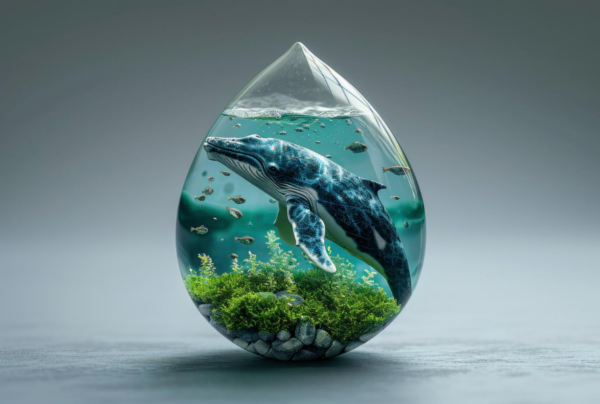 A whale and other sealife in a water droplet