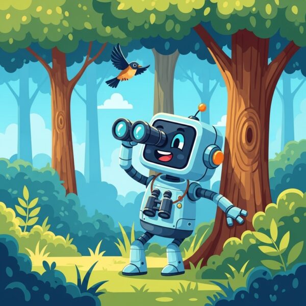 A robot with a pair of binoculars birdwatching