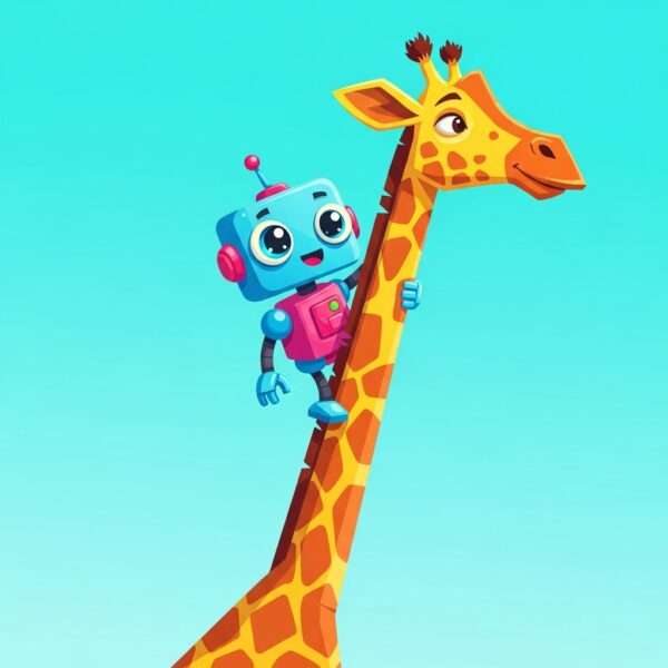 A robot riding on the neck of a giraffe
