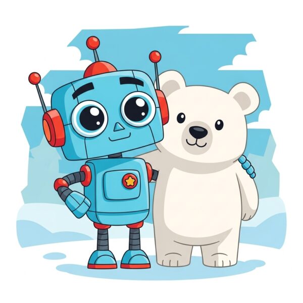 A cute robot posing for a photo with a polar bear