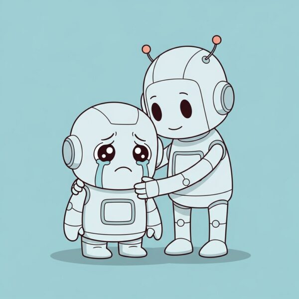 A sad, sobbing robot being comforted by his friend