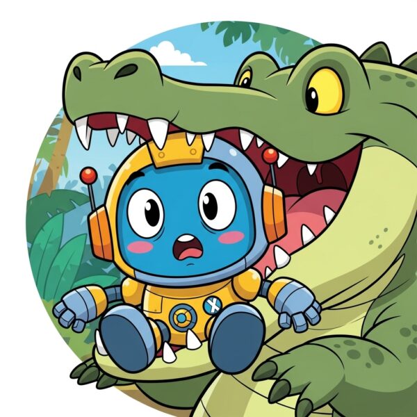 A frightened robot being eaten by an alligator or crocodile