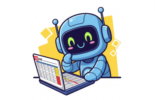 A small robot checking a data spreadsheet on his laptop