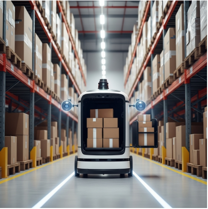 A box delivery robot going down the isle of a large warehouse