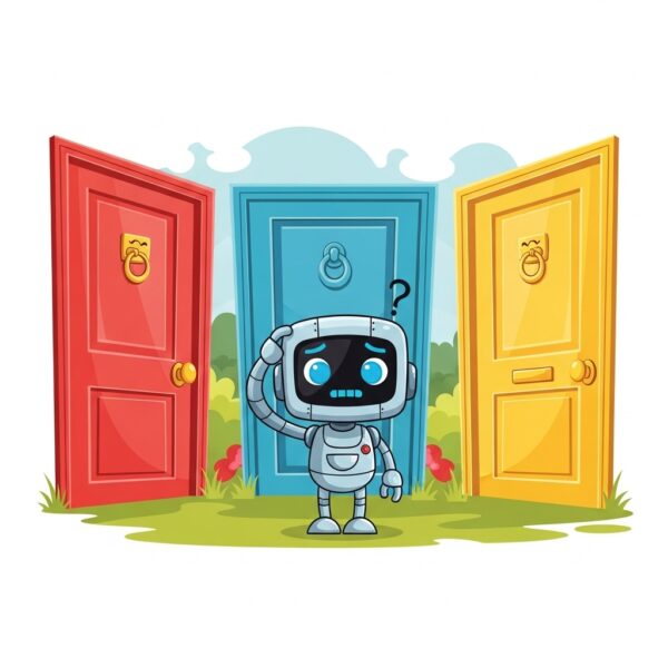 A robot scratching his head at 3 doors