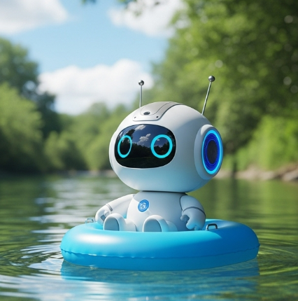 A small robot chilling in a stream on a floaty