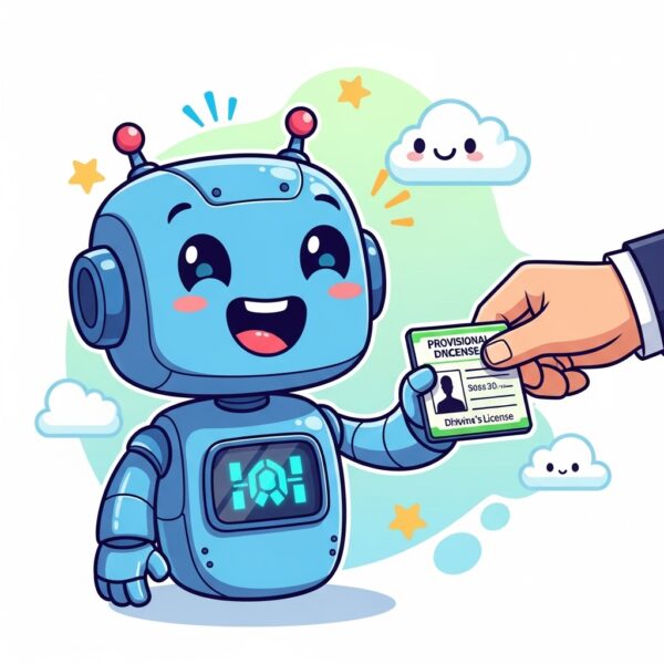 A very happy robot receiving his provisional license