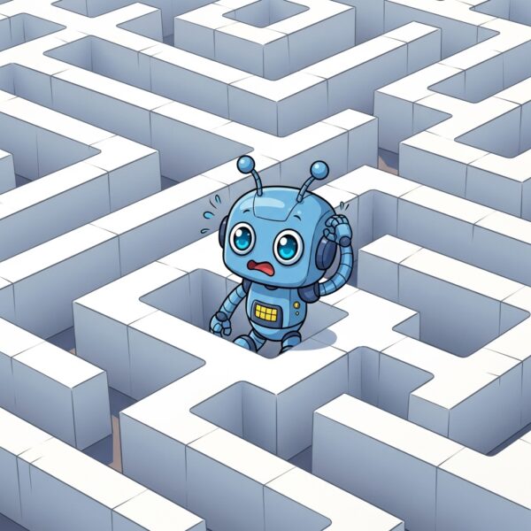 A scared robot trapped in a large maze