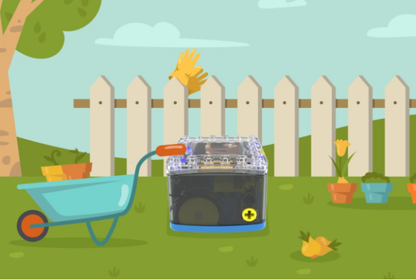 KaiBot robot in the garden with a wheelbarrow