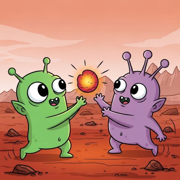 Two aliens playing hot potato with a lava rock