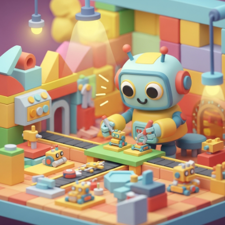A small robot making smaller robots in his factory