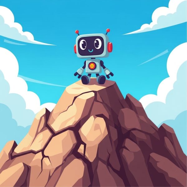 A small robot sitting atop a mountain