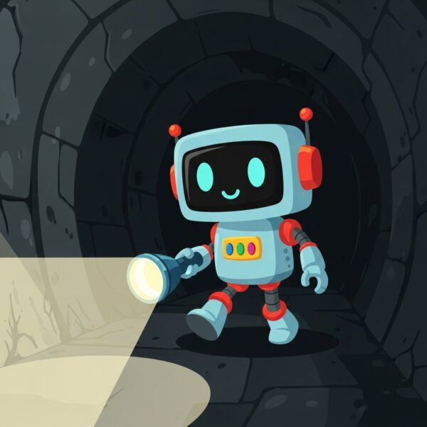 A robot holding a flashlight in a dark tunnel