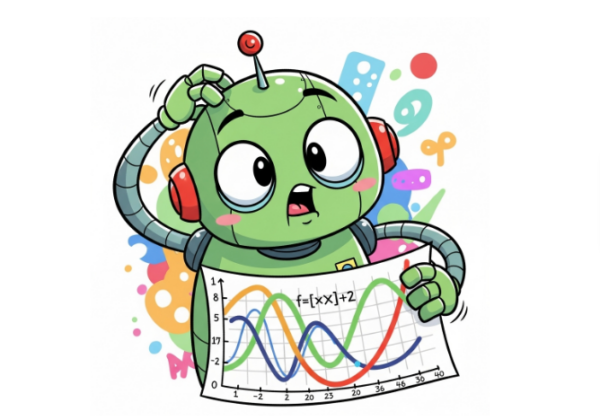 A robot scratching his head at a linear function graph