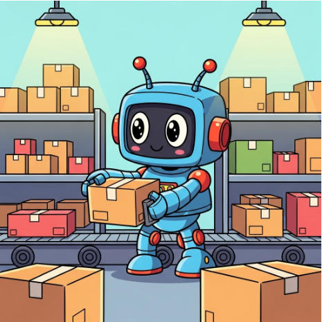 A cute robot taking a box of a conveyer belt