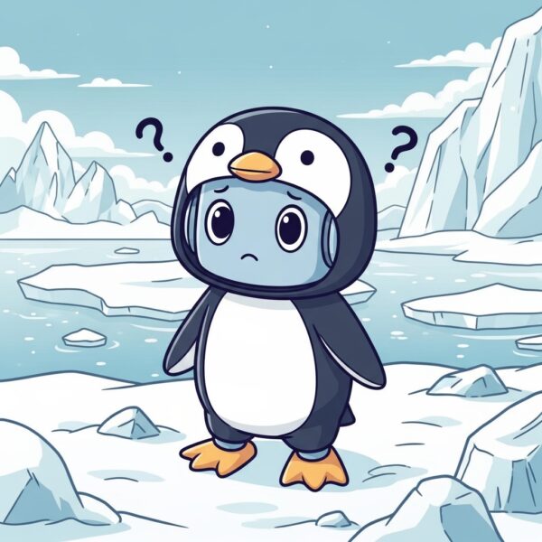 A robot in a penguin outfit lost in the arctic