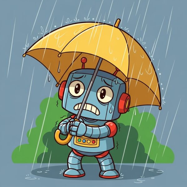 A robot with an umbrella trying to get out of the rain