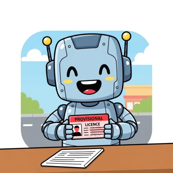 A happy robot receiving his licence