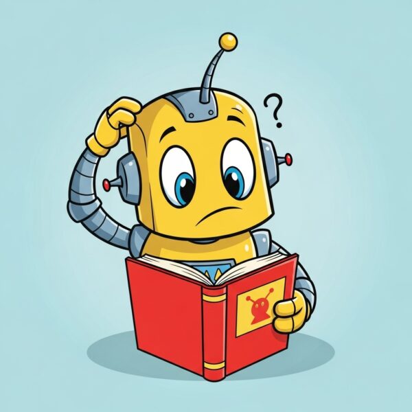 A confused robot scratching his head at a book