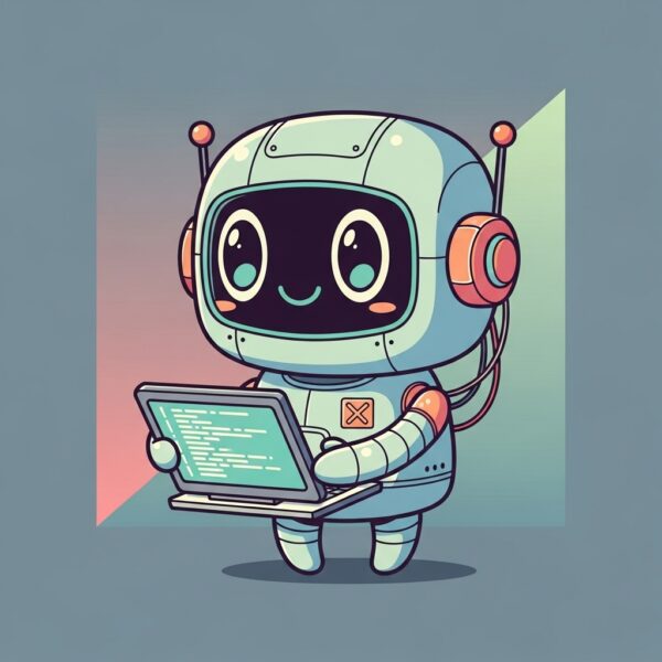 A happy robot coding on-the-go with his laptop