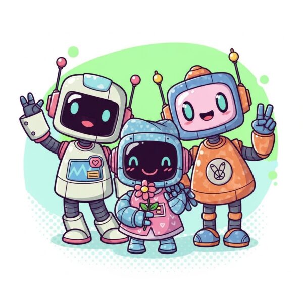 Three happy robots posing for a picture
