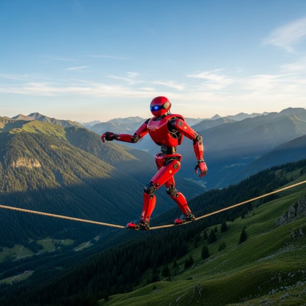 A red robot balancing on a tightrope inbetween two mountains