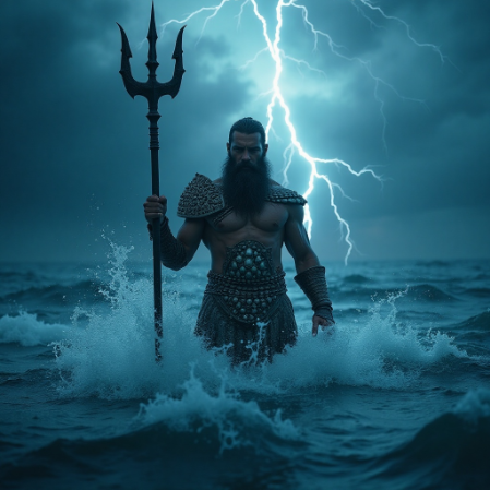 A powerful water god summoning waves and lightning