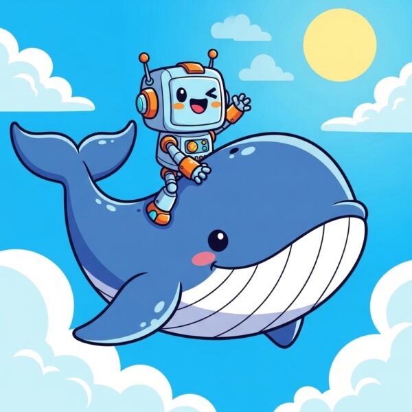 A very happy robot riding on the back of a whale