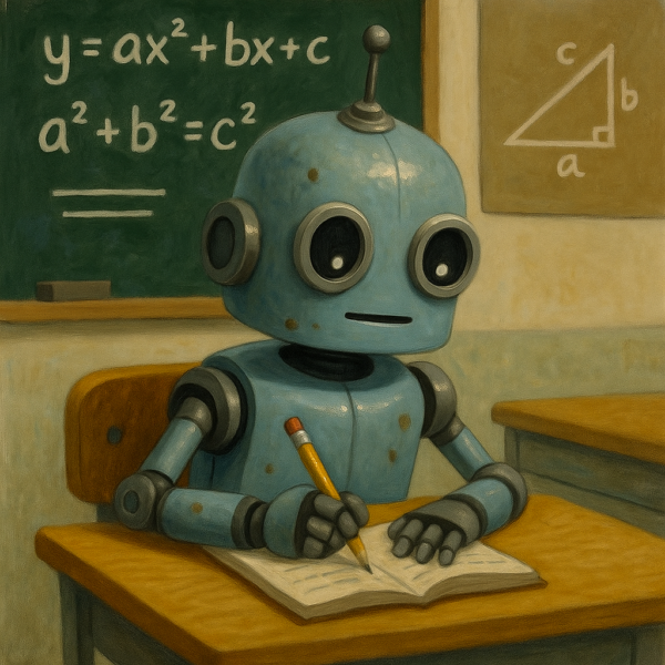 A robot working hard on his maths homework