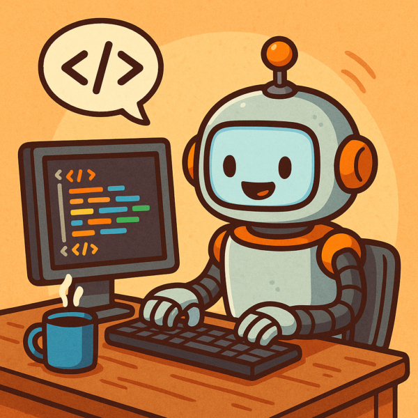 A robot coding at a desktop computer with a cup of coffee