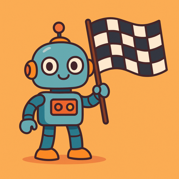 A cute robot holding a race-flag