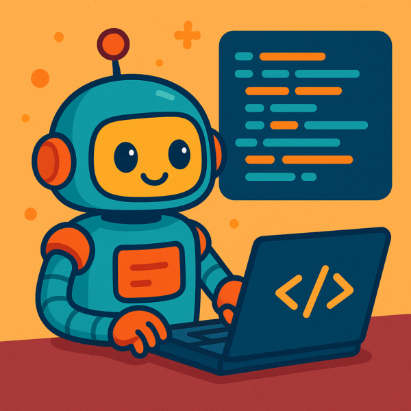 A Robot coding on a laptop