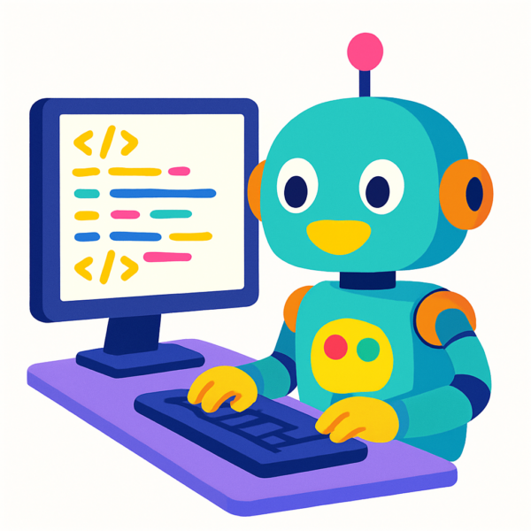 A Robot coding at a desktop computer