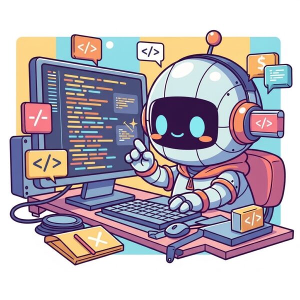 A hacker robot coding at his desktop computer