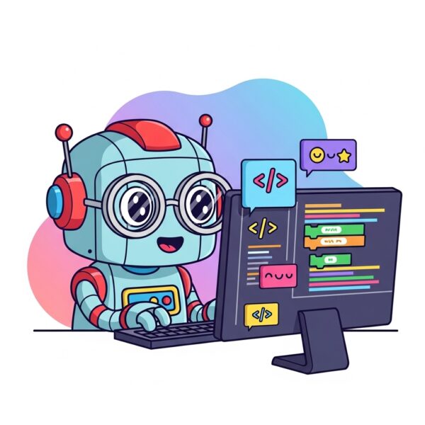 A nerdy robot wearing glasses coding at a computer