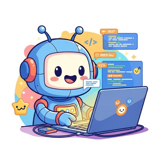A cute happy robot learning coding on his laptop