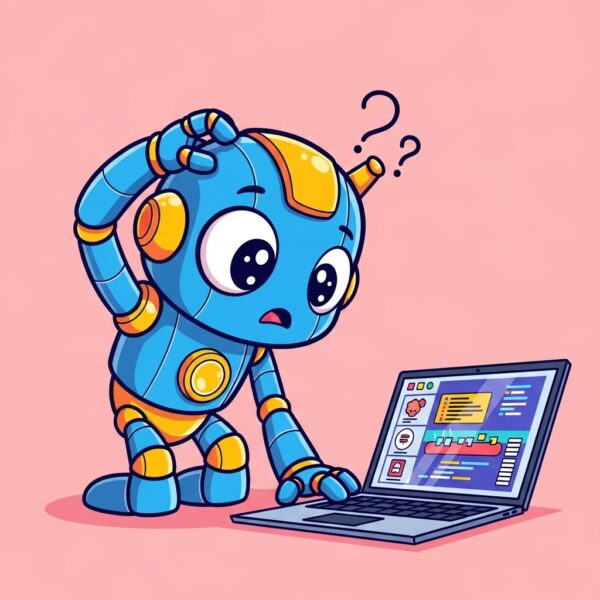 A confused robot trying to troubleshoot his code
