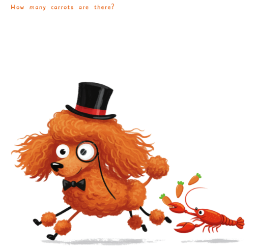 A poodle in a top hat and a lobster holding carrots