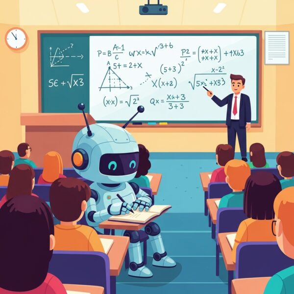 A robot sitting in a lecture, learning all about advanced mathematics