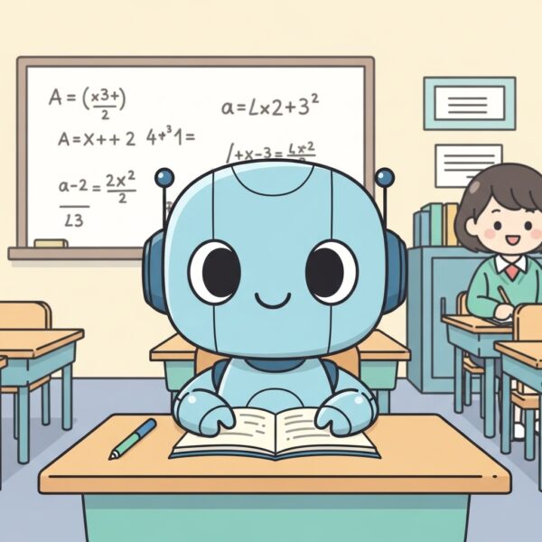 A robot sitting in a classroom, ready to learn