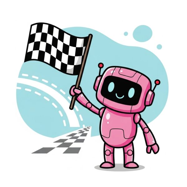 A cute pink robot holding up a race-flag