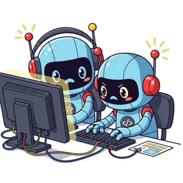 Two frustrated robots attempting to fix their code at a desktop computer