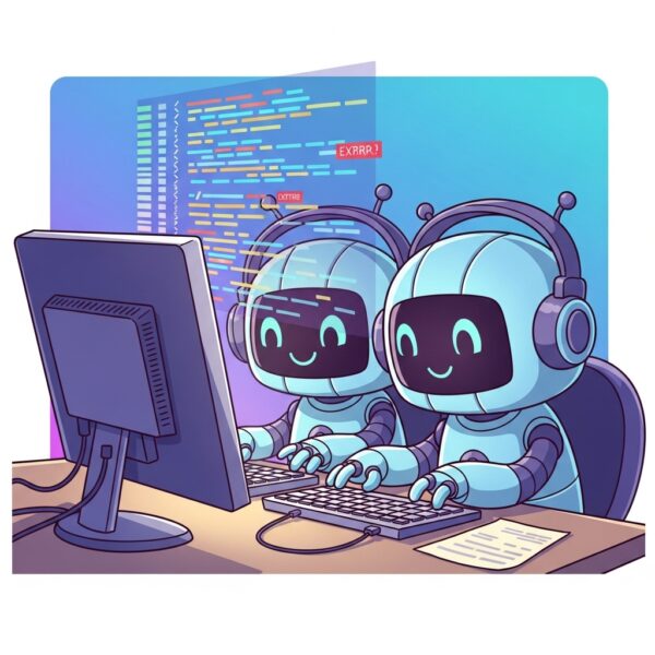 Two robots sharing a desktop computer learning to code together